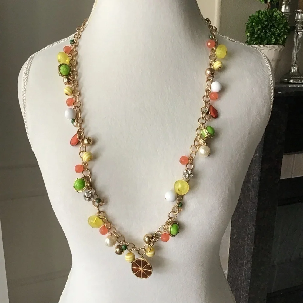 Citrus Baubles Necklace Orange Yellow White Green Gold Tone Beads Florida FL 35”
